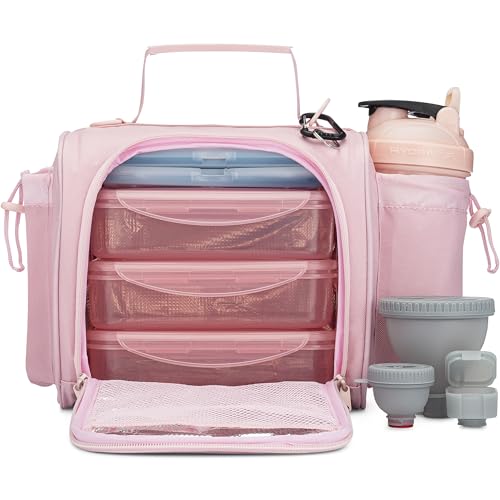 Hydra Cup Insulated Meal Prep Lunch Bag, Large Travel Lunch Box Included with Containers, Shaker Bottle, Funnels, Ice Packs, Cup Holder and Luggage Sleeve (Pink) - color: Pink