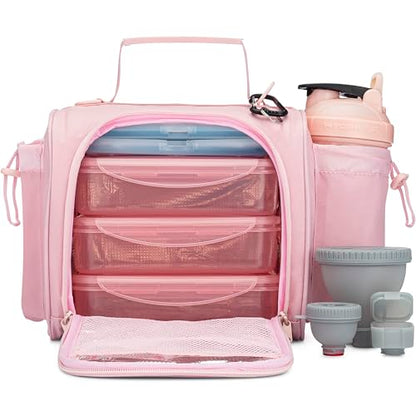 Hydra Cup Insulated Meal Prep Lunch Bag, Large Travel Lunch Box Included with Containers, Shaker Bottle, Funnels, Ice Packs, Cup Holder and Luggage Sleeve (Pink) - color: Pink