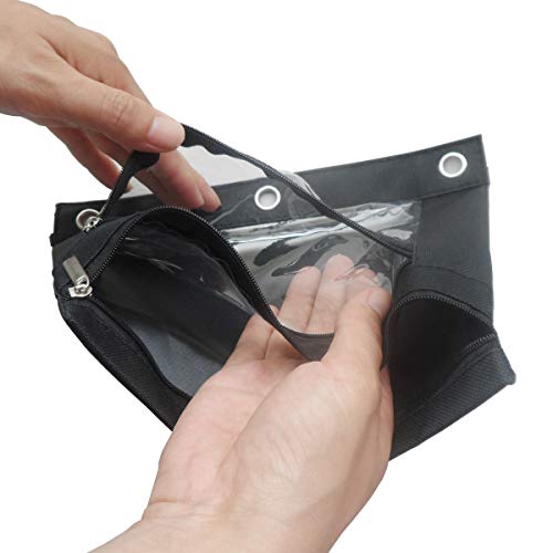 3 Ring Binder Pencil Pouch with Durable Zipper Binder Pencil Case with Clear Window 2 Pocket Black Canvas 2 Pack
