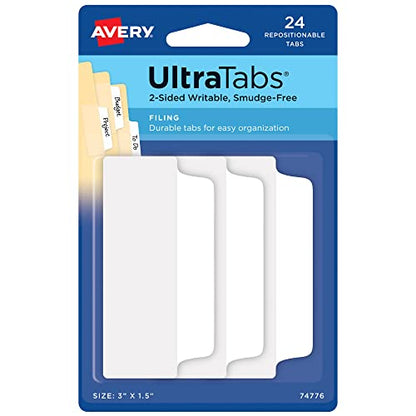 Avery Filing Ultra Tabs, 3" x 1.5", 2-Side Writable, White, 24 Repositionable File Tabs (74776) - color: White, style: 24 tabs