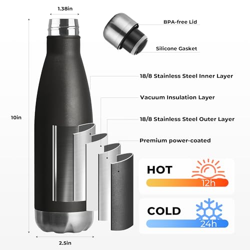 MEWAY 17oz Sport Water Bottle 8 Pack Vacuum Insulated Stainless Steel Leak-Proof Double Wall Cola Shape Water Bottle,Keep Drinks Hot & Cold (Black,8 Pack) - color: Black