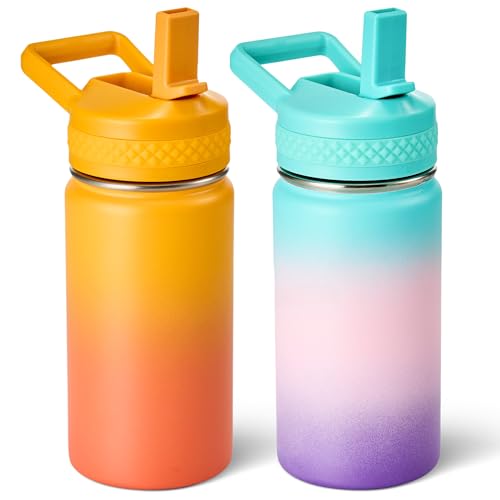 Fijinhom 12 oz Toddler Bottle, 2 Pack Kids Water Bottle for School Boys & Girls with Straws Lids, 304 Stainless Steel Vacuum Insulated Thermos, BPA-Free, Aurora + Sunrise - color: AA.Aurora & Sunrise