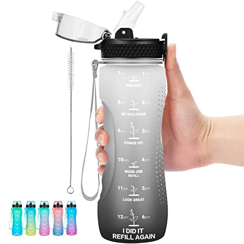 Kids Water Bottle, 24 oz Tritan BPA-Free, Leak Proof, White Black | Motivational Time Markers, Straw Lid, Wide Mouth, for Home, School & Summer Camp-1 Lid Included - color: White Black