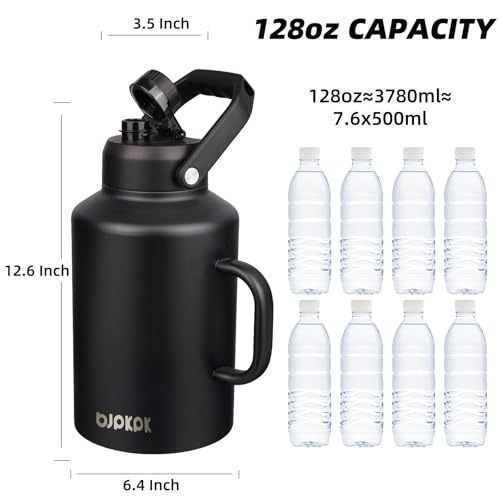 BJPKPK 1 Gallon Water Bottle with Handle, Large Dishwasher Safe 128oz Insulated Water Bottle, BPA Free Water Jug, Wide Mouth Metal Flasks with Anti-slip Bottom, Keep Cold & Hot,Black - color: Black, style: 128oz-Side Handle