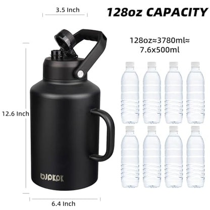 BJPKPK 1 Gallon Water Bottle with Handle, Large Dishwasher Safe 128oz Insulated Water Bottle, BPA Free Water Jug, Wide Mouth Metal Flasks with Anti-slip Bottom, Keep Cold & Hot,Black - color: Black, style: 128oz-Side Handle