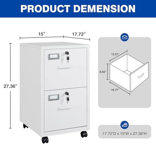 BYNSOE 2 Drawers File Cabinet with Lock Metal Vertical File Cabient with Wheels Mobile File Cabinet for Office Home Legal/Letter/a4 Size Require Assembly (White, 2 Drawers) - color: White, size: 2 Drawers-wheels