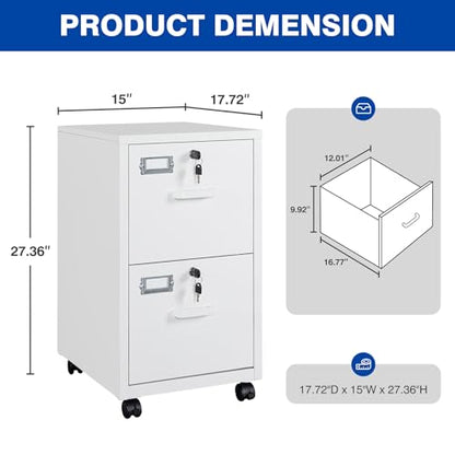 BYNSOE 2 Drawers File Cabinet with Lock Metal Vertical File Cabient with Wheels Mobile File Cabinet for Office Home Legal/Letter/a4 Size Require Assembly (White, 2 Drawers) - color: White, size: 2 Drawers-wheels