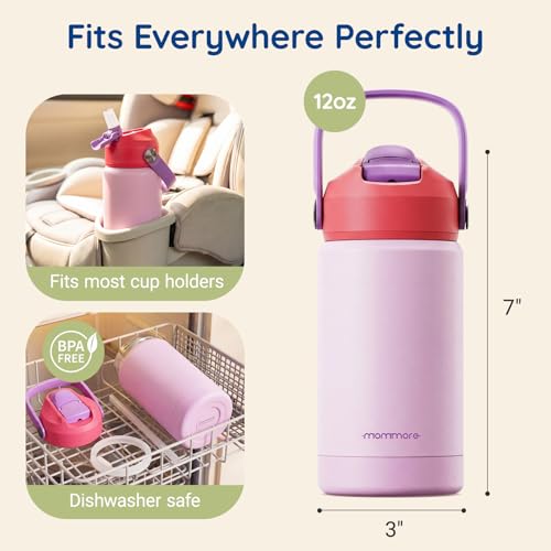 Mommore Kids Insulated Water Bottle with Soft Rubber Handle, 12oz Stainless Steel Thermos with Straw Lid, Leak Proof, Easy to Clean Design, Vacuum Small Canteen for School Boys Girls, Green-1 Pc - color: Green