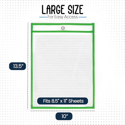 Essex Wares - 6 Pack, Green, Dry Erase Pocket Document Protectors, 10" Wide x 13.5" Tall - Dry Erase Clear Plastic Sleeves - Reusable & Easy Erase Plastic Invoice Holders, Water-Resistant & Durable - color: Green