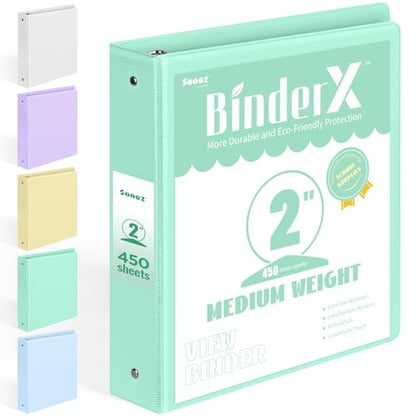 BinderX Extra Durable 3 Ring Binder, Round Ring 2 Inch Binders, Fits 450 Sheets of 8.5x11 Paper, Customizable View Cover with Inside Pockets, Cute 2" Binder, School Supplies for Girls, Green - color: Light Green, size: 2 inch