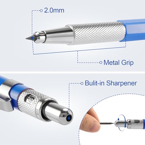 2.0mm Mechanical Pencil Lead Holder with Clip 2.0mm Pencil Metal Mechanical Clutch with Built-in Sharpener Automatic Graphite Lead Pencil for Construction, Draft Drawing, Art Sketching 2PCS - color: 2.0mm Pencils - 2 pcs