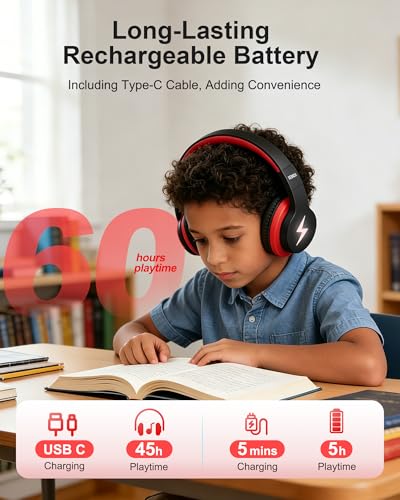 seenda Kids Bluetooth Headphones, JCH-01 Kids Wireless Headphones for School, 85/94dB Volume Limited, 45H Playtime, 3 Lighting Modes, Built-in Mic Headset,Black&Red - color: Black&Red