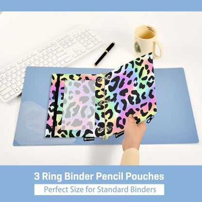 Pencil Pouch for 3 Ring Binder Trendy Neon Leopard Binder Pencil Case with Smooth Zipper Clear Window Pencil Case 2 Pack for Office School College Supplies - color: Trendy Neon Leopard