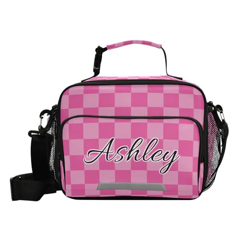 Custom Student Lunch Bag for Boys Girls Pink Checkerboard Personalized Lunch Box With Name Insulated Cooler Bag for School Picnic Travel - color: Multi08