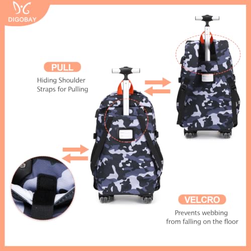 DIGOBAY Camo Rolling Backpack for Boys, 3PCS Tactical Kids Rolling Backpack Set with Lunch Bag & Pencil Case, Boys Wheeled School Bookbag for Elementary, Middle, High School - color: Camouflage Gray/Orange
