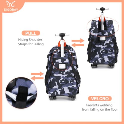 DIGOBAY Camo Rolling Backpack for Boys, 3PCS Tactical Kids Rolling Backpack Set with Lunch Bag & Pencil Case, Boys Wheeled School Bookbag for Elementary, Middle, High School - color: Camouflage Gray/Orange