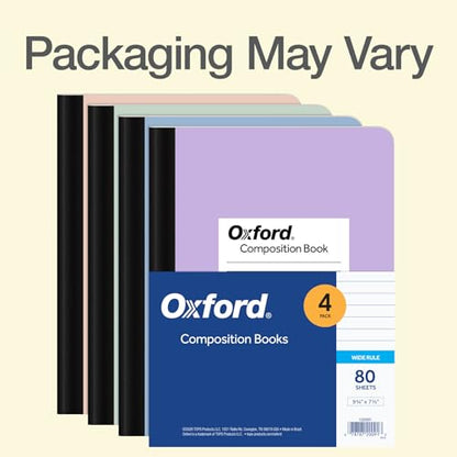 Oxford Composition Notebooks, 4 Pack, Wide Ruled, 80 Sheets, Pastels | Sewn binding keeps all 160 pages in place. Conversion chart and class schedule inside. Color coded covers for each subject.