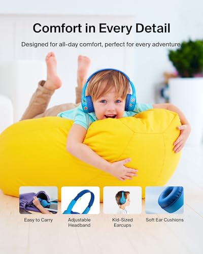 Belkin SoundForm Mini Kids Wired Headphones w/USB C to 3.5mm Dongle, Built-in Mic & Fun Stickers, 85dB Max Volume – for Online Learning, Travel, Compatible w/iPhone 16, iPad, Galaxy S25, etc - Blue - color: Blue, style: Wired (USB-C)