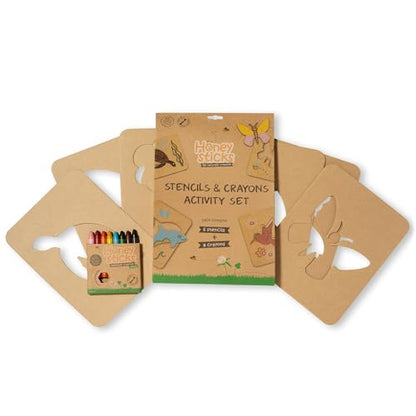 Honeysticks Kids Activity Set - 6 Large Stencils for Kids Plus Jumbo Non-Toxic Beeswax Crayons (8pk), Perfect First Stencils for Toddlers Preschool Art, Drawing and Coloring, Ideal Gifts for 3-5