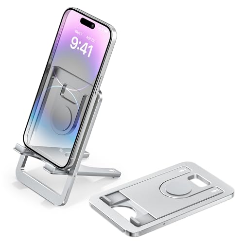 Itramax Phone Stand for Desk,Foldable Phone Desktop Holder,Portable Adjustable iPhone Nightstand Recording Stand for iPhone 17 16 15 Pro Max,iPad mini,Samsung Galaxy S25 S24,Kindle Fire Paperwhite - color: Silver – for Phone (Max 400g)