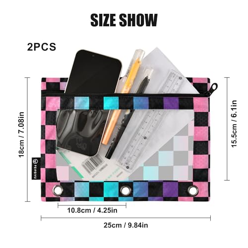Rainbow Buffalo Plaid Binder Pouches 3 Ring for Boys Girls School Office College Supplies Purple Chessboard Pink Aqua Pencil Pouches Case Bag with Clear Window and Zipper 2 Pack - color: Purple