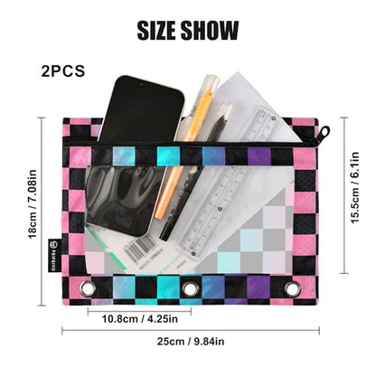 Rainbow Buffalo Plaid Binder Pouches 3 Ring for Boys Girls School Office College Supplies Purple Chessboard Pink Aqua Pencil Pouches Case Bag with Clear Window and Zipper 2 Pack - color: Purple