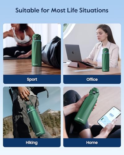 WaterH BOOST Smart Water Bottle Tracker with Reminder to Drink Water, 32oz | Double Wall Vacuum Insulated Stainless Steel, BPA-Free, Leakproof, Smart App Tracking, Travel-Friendly Wide Mouth for Office - color: Emerald Green, size: 32 Ounces
