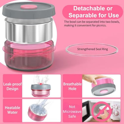 Lille Home Stainless Steel Thermal Lunch Box Set with Lunch Bag and Cultery | 22 Oz Vacuum Insulated Lunch Bento Box, to Keep Food Warm/Cool, 2 Small Food Container for Snack, Fruits and Sauces (Pink) - color: Pink