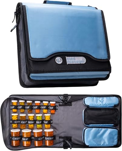 Med Manager Medicine Organizer and Binder, Removable Pouches, Detachable 5-Tab Expanding File Folder, Holds 15 Pill Bottles - 11 Standard Size and 4 Large Bottles, Light Blue 13 x 13 x 4.5 inches - color: Light Blue