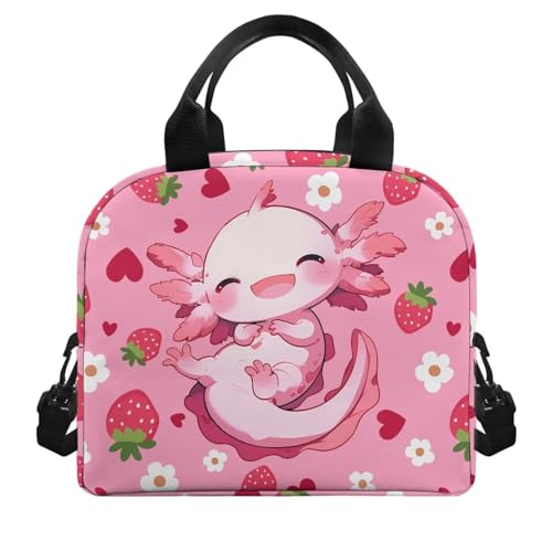 Axolotl Lunch Box for Kids Boys 4-6 Strawberry One Piece Lunch Box for Girls 6-8 Preppy Meal Bag for Boys 8-10 Preschool Kindergarten Toddler Elementary School Adjustable Shoulder Strap - color: Strawberry Axolotl