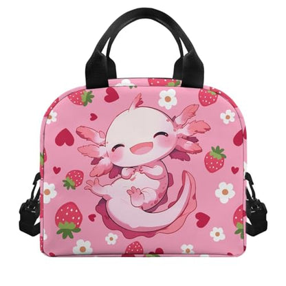 Axolotl Lunch Box for Kids Boys 4-6 Strawberry One Piece Lunch Box for Girls 6-8 Preppy Meal Bag for Boys 8-10 Preschool Kindergarten Toddler Elementary School Adjustable Shoulder Strap - color: Strawberry Axolotl