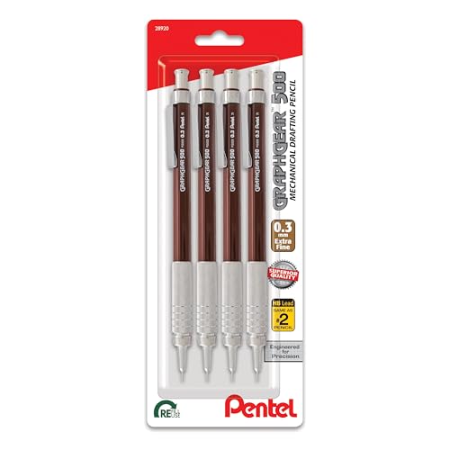 Pentel GraphGear 500 Mechanical Drafting Pencil, (0.9mm), Bold Line, Gray Barrel, Pack of 4 (PG529BP4N)