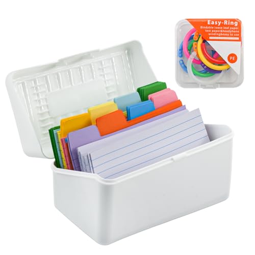 VANRA Index Card Holder 3x5 Flash Card Organizer Case 300 Colored Index Cards Bulk Blank Note Cards with Ring (White) - color: White