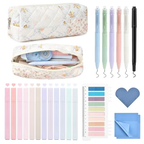 22Pcs Book Annotation Kit Aesthetic Pencil Case with Supplies School Annotation Supplies Gel Pen Transparent Sticky Note Taking Bible Study College Stationery Supplie (Patchwork Flowers) - color: Patchwork Flowers