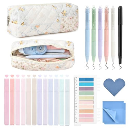 22Pcs Book Annotation Kit Aesthetic Pencil Case with Supplies School Annotation Supplies Gel Pen Transparent Sticky Note Taking Bible Study College Stationery Supplie (Patchwork Flowers) - color: Patchwork Flowers