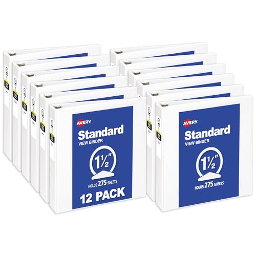 Avery Standard View 3 Ring Binders, 1.5" Round Rings, 275-Sheet Capacity, 2.1 Inch Wide Spine, White Binders, Ideal for Lightweight Organization and Occasional Referencing (12-Pack of 05726) - size: 1.5"