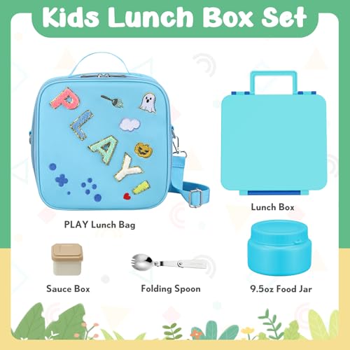 Kids Bento Box - 4 Compartment, Leak-Proof, with Soup Thermo | 9oz Soup Thermo Included, Insulated Lunch Bag, For Boys & Girls, School & Travel - color: Play-Blue