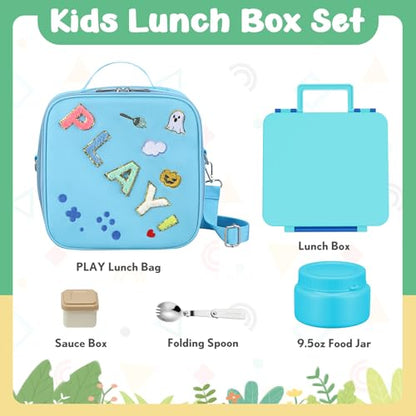 Kids Bento Box - 4 Compartment, Leak-Proof, with Soup Thermo | 9oz Soup Thermo Included, Insulated Lunch Bag, For Boys & Girls, School & Travel - color: Play-Blue