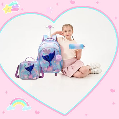 Mermaid Rolling Backpack for Kids 8-12 Girls Rolling Backpack Kids Trolley School Bag with Wheels Travel Backpacks Carry on Luggage for Girls with Lunch Box Pencil Case - color: Mermaid Purple