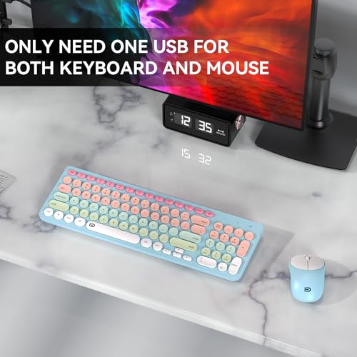 Wireless Keyboard and Mouse Combo, 2.4GHz Colorful Cute Round Keycaps Keyboard for Office Computer PC Desktops Laptop (96 Keys Light Blue) - color: 96 Keys Light Blue