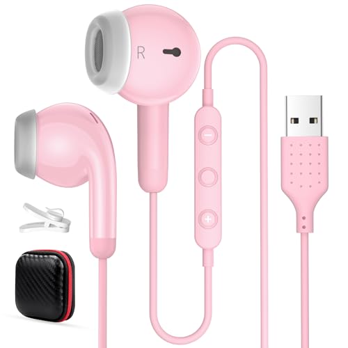 USB Earbuds for PC,Headphones with Microphone for Computer,Wired USB Headset with Mic Audio Control Noise Isolating Stereo Laptop Earphones for Dell for HP Asus for Surface Office Zoom Working Pink - color: Pink