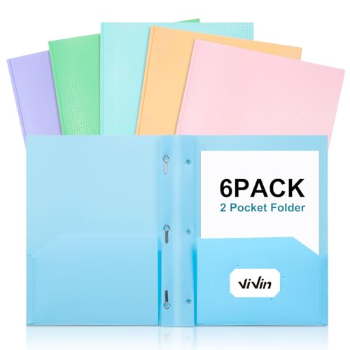 ViVin Sturdy Plastic Folder with Pockets,6 Pack,Heavy Duty Two Pocket 3 Prong Folders,Holds Letter Size Paper,File Folders with Business Card Slot for School Home and Office(Assorted Color) - color: Pastel Color, size: 6 PACK