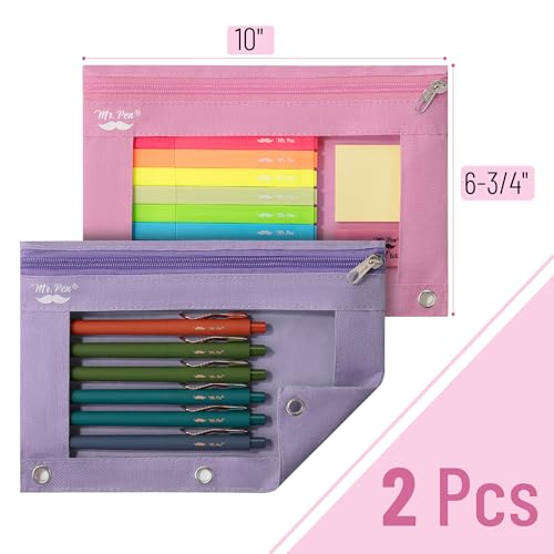 Mr. Pen- Pencil Pouch for 3 Ring Binder, 2 Pack, 10"x6.75", Smooth Zipper | Clear Window, Large Capacity Pencil Case with 3 Reinforced Grommets for School, Office, Supplies Storage | Clear Window, Large Capacity Pencil Case with 3 Reinforced Grommets for