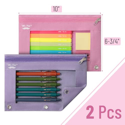 Mr. Pen- Pencil Pouch for 3 Ring Binder, 2 Pack, 10"x6.75", Smooth Zipper | Clear Window, Large Capacity Pencil Case with 3 Reinforced Grommets for School, Office, Supplies Storage | Clear Window, Large Capacity Pencil Case with 3 Reinforced Grommets for