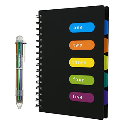 KESOTE Spiral Notebook with Divider Tabs, Professional Notebooks for Work School, Wide Ruled 5 Subject 6.3" × 9.4" Tabbed Notebook Journal with Pen, 300 Pages, Black - color: Black