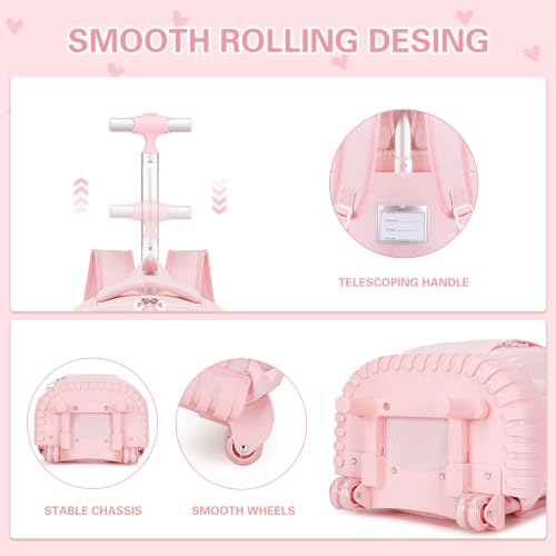 DIGOBAY Rolling Backpack for Girls, Cute Girls Backpack with Wheels, Kids Wheeled backpacks Set with Lunch Bag Pencil Case for Teen Girl, Roller School Bag with Wheels for Elementary Middle School - color: Pink