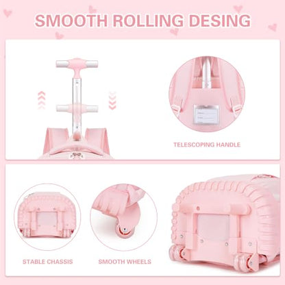 DIGOBAY Rolling Backpack for Girls, Cute Girls Backpack with Wheels, Kids Wheeled backpacks Set with Lunch Bag Pencil Case for Teen Girl, Roller School Bag with Wheels for Elementary Middle School - color: Pink