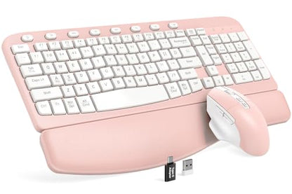 SABLUTE Wireless Keyboard and Mouse Combo with Ergonomic Wave Key | Leather Soft Palm Rest, 2.4G Full Size, 6-Button Mouse, 4-Level DPI, USB-A/C, MA12 Set for PC, Laptop, Windows, macOS (Pink） - color: Blush Pink