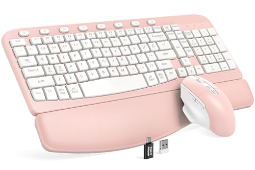 SABLUTE Wireless Keyboard and Mouse Combo with Ergonomic Wave Key | Leather Soft Palm Rest, 2.4G Full Size, 6-Button Mouse, 4-Level DPI, USB-A/C, MA12 Set for PC, Laptop, Windows, macOS (Pink） - color: Blush Pink