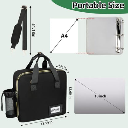 3 Inch D-Ring Zipper Binder Bag for 700 Sheet Capacity& 13 Inch Laptop Compartment, Detachable Zip Up Binder Case with 13 Expanding Pockets Accordion File Organizer for School Office (Black)